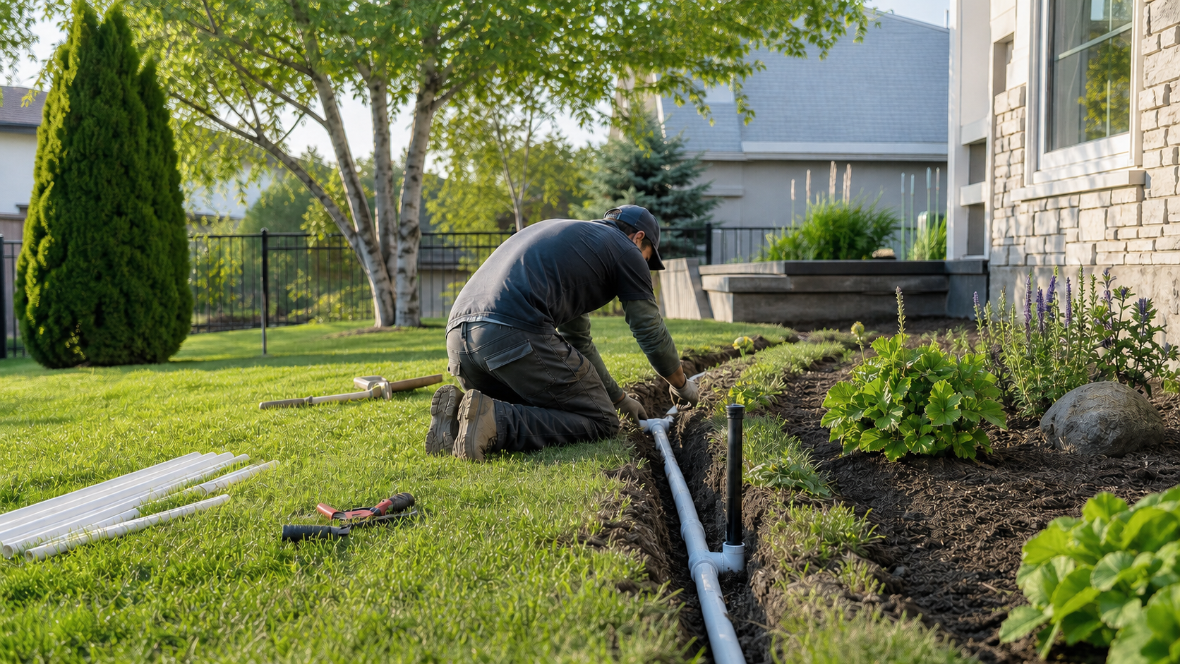 Residential irrigation pipe installation