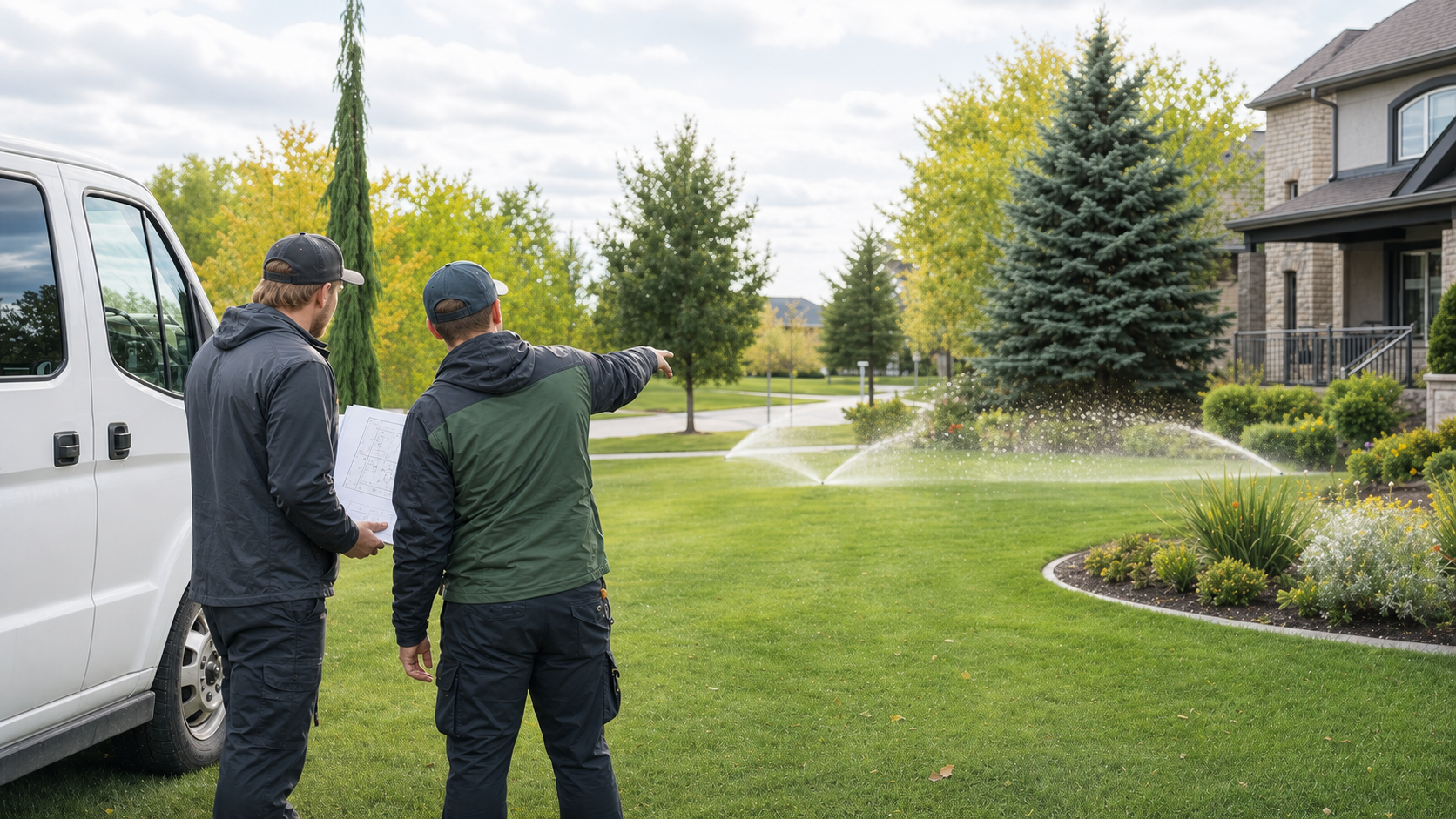Two local irrigation technicians reviewing a residential zone plan